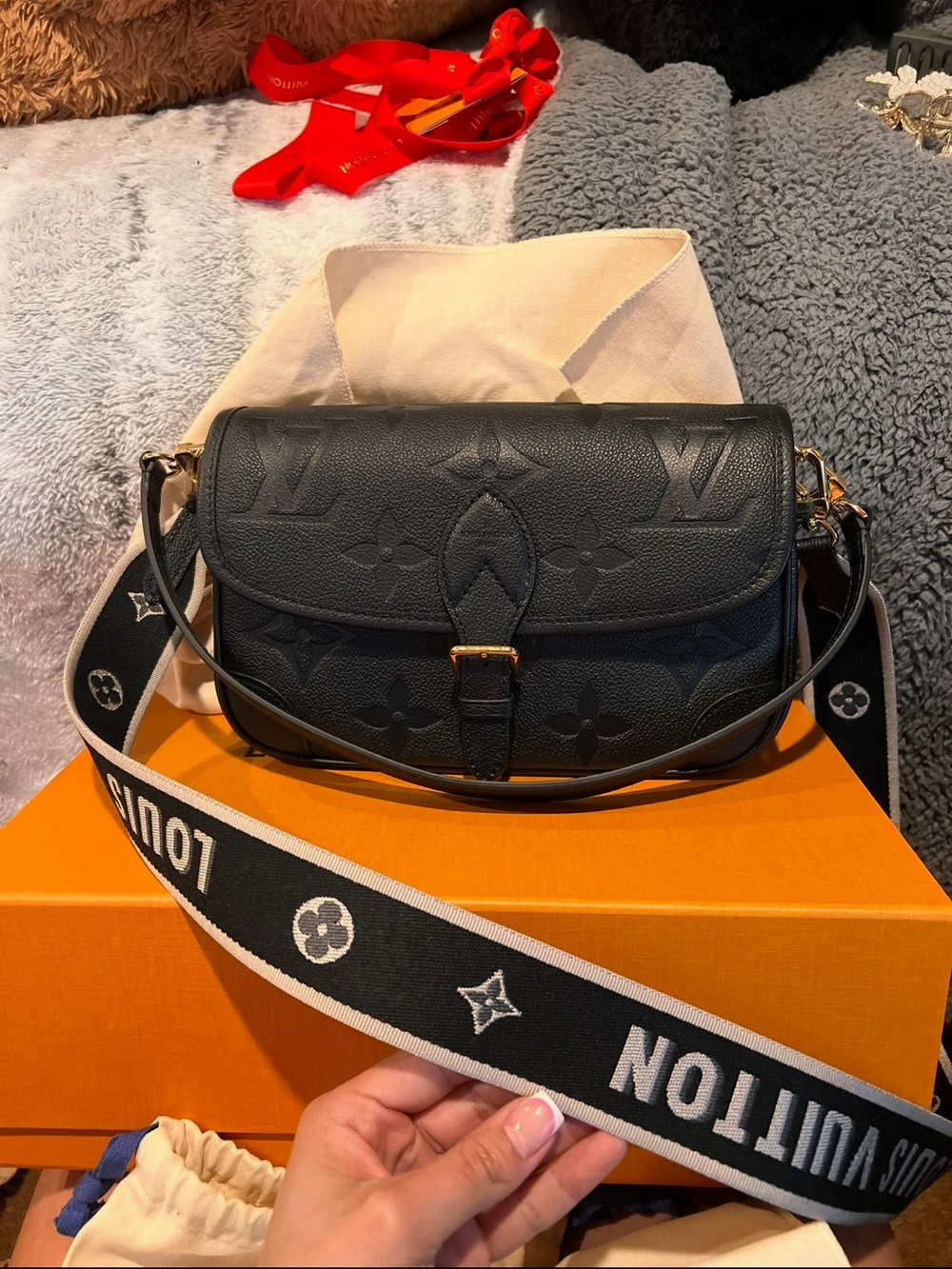 Louis Vuitton Black Embossed Monogram Crossbody with Logo Strap